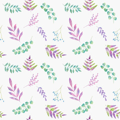 Seamless watercolor pattern with eucalyptus, fern and greenery. Hand-painted background of greenery for textile, postcard, invitation. Hand drawn watercolor ornament.