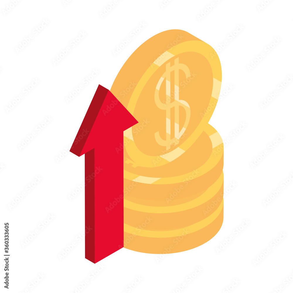 Poster isometric money cash currency pile of coins profit arrow isolated on white background flat icon