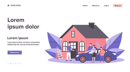 Children and grandchildren visiting grandpa. Country house, family meeting at entrance flat vector illustration. Togetherness, family, support concept for banner, website design or landing web page