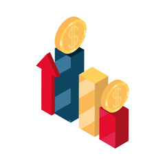 isometric money cash currency growth arrow diagram coins isolated on white background flat icon