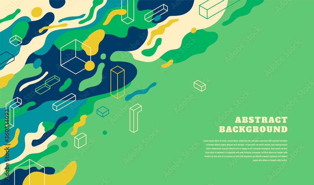 Poster abstract background design with hand drawn fluids and isometric objects. vector illustration.