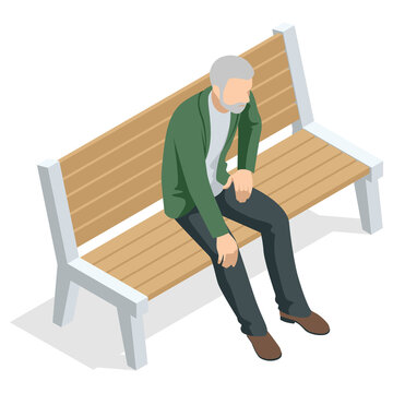 Isometric Old Man Sitting On A Bench And Resting , Front View, Isolated On White Background