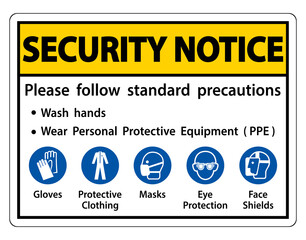 Security Notice Please follow standard precautions ,Wash hands,Wear Personal Protective Equipment PPE,Gloves Protective Clothing Masks Eye Protection Face Shield