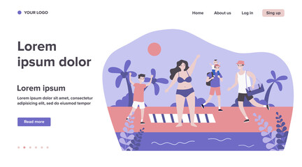 Happy people having fun on beach. Sun, leisure, sea flat vector illustration. Summer activity and vacation concept for banner, website design or landing web page