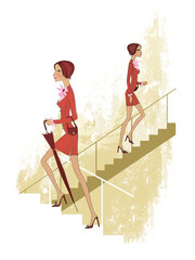 Girl in a red suit climbs the stairs. Twins. Illustration