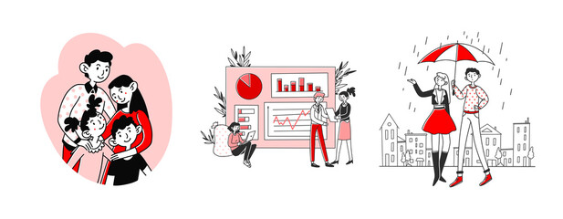 Family and leisure set. People walking in rain outside, analyzing graphs. Flat illustrations. Lifestyle, togetherness, analysis concept for banner, website design or landing web page