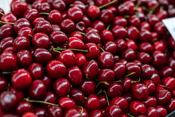 Cherry background, fresh ripe cherry top view,