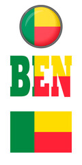 Set of icons of the flags of Benin on a white background. Vector image: flag of Benin, the button and the abbreviation. You can use it to create a website, print brochures or a guide book.