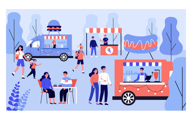Naklejka premium Different people relaxing on street food festival isolated flat vector illustration. Cartoon crowd walking on fair and eating in park. Summer event and vacation concept