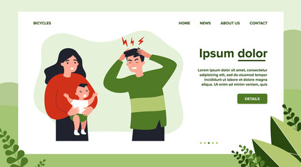 Young father tired of migraine because of crying baby. Mom holding child and dad touching head flat vector illustration. Depression and headache concept for banner, website design or landing web page