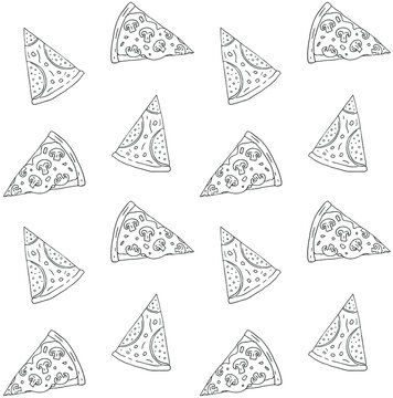 Vector Seamless Pattern Of Hand Drawn Doodle Sketch Pepperoni And Mushroom Pizza Slice Isolated On White Background