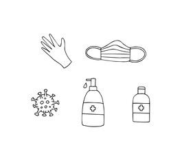 Vector set bundle of hand drawn doodle sketch coronavirus pandemic things isolated on white background