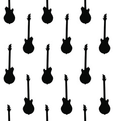 Vector seamless pattern of flat black bass electric guitar silhouette isolated on white background