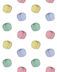 Vector seamless pattern of different colored hand drawn doodle sketch knitting threads isolated on white background
