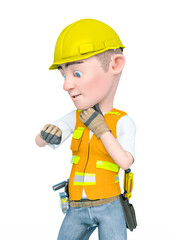 builder cartoon is looking at time