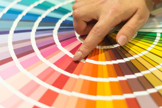 The hand of the designer shows a color palette. Catalog of rainbow color samples.
