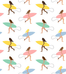 Vector seamless pattern of different colored flat cartoon girl woman running with surf board isolated on white background