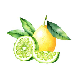 Composition of lemon and bergamot with leaves. Isolated watercolor illustration of citrus fruit.