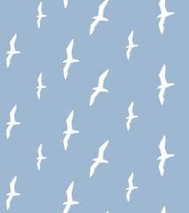 Vector seamless pattern of white seagull birds flock silhouette isolated on blue background