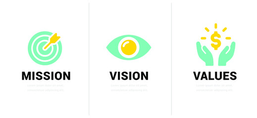 Fototapeta na wymiar Mission. Vision. Values. Web page template. Modern flat design concept. Vector Illustration. EPS 10.
