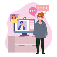 online party, birthday or meeting friends, men talking by computer camera