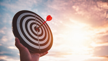 business marketing as concept. Red dart arrow hitting in the target center of dartboard Target hit...