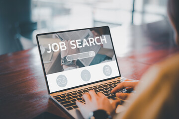 job search concept, find your career, woman looking at online website by laptop computer.People...