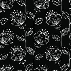 Seamless vector pattern with white contour flowers on a black background.