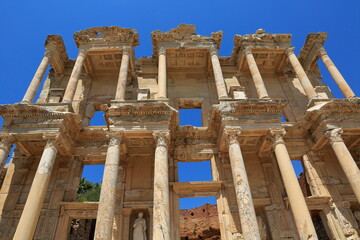 Ruins of Celsius Library in ancient city Ephesus. In the first quarter of the 2nd century AD, the Roman senator was built on the tomb of Julius Celsus Polemaeanus.