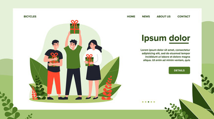 Smiling happy people holding gift boxes. Men and woman getting presents or prizes flat vector illustration. Holiday and lottery concept for banner, website design or landing web page