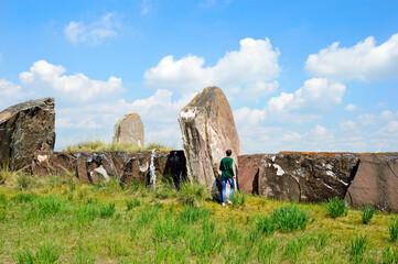 Salbykskiy mound. Ancient stones in the Khakass steppe. the oldest burial of a rich Asian man....