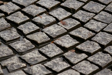 Wet cobblestone pavement