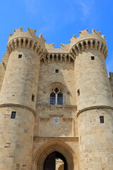 Rhodes, Greece - The Palace of the Grand Masters. The entrance to the castle of the Palace of the Knights of the Medieval period. Well preserved, located in the ancient Rhodes region. 