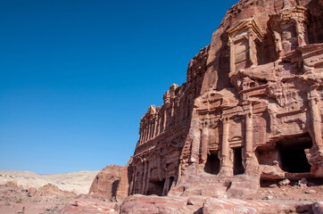 Ancient tombs carved in stone in Petra, Jordan