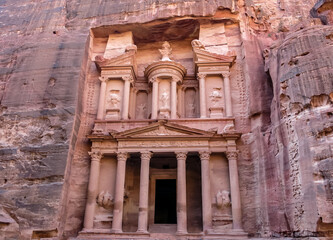 Ancient tombs carved in stone in Petra, Jordan