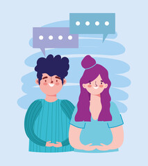 young couple portrait characters talking cartoon design