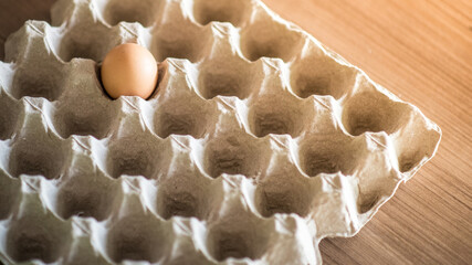 One attractive chicken eggs are fresh in a cardboard package made of recycled waste paper, Banner Size.