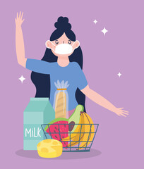 online market, woman with mask and shopping basket, food delivery in grocery store