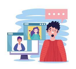 online party, birthday or meeting friends, guy talking with man and woman in website computer