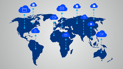 Cloud computing concept on earth with the blue world map and cloud symbol
