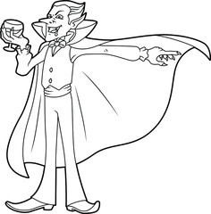 Vector Cartoon Vampire With Glass Of Blood Line Art