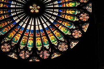 Stained glass window inside the Cathedral of Our Lady of Strasbourg  - obrazy, fototapety, plakaty