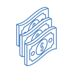 isometric money cash currency banknotes isolated on white background linear blue icon