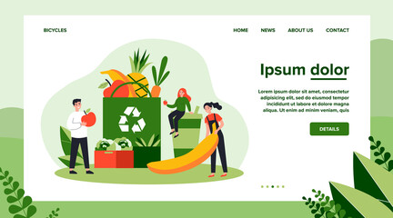 People putting organic food into eco friendly bag with recycling sign. Shoppers with fresh fruits and plastic cup. Vector illustration for sustainable development, zero waste, reuse concept