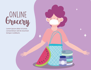 online market, woman with medical mask bag with food, delivery in grocery store