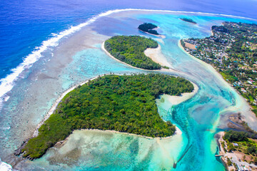 Rarotonga breathtaking stunning views from a plane of beautiful beaches, white sand, clear turquoise water, blue lagoons, Cook islands, Pacific islands

