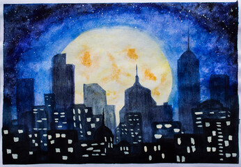 blue-violet night city against the background of a yellow big moon