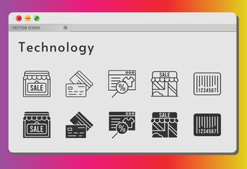 technology icon set. included online shop, shop, credit card, barcode icons on white background. linear, filled styles.