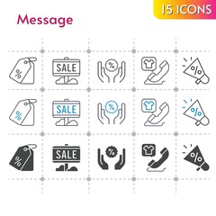 message icon set. included megaphone, sale, price tag, discount, phone call icons on white background. linear, bicolor, filled styles.