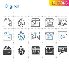 digital icon set. included online shop, wallet, shop, stopwatch icons on white background. linear, bicolor, filled styles.